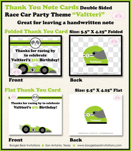 Race Car Party Thank You Card Black Birthday Boy Girl Lime Green Grand Prix Racing Track Kids Boogie Bear Invitations Valtteri Theme Printed