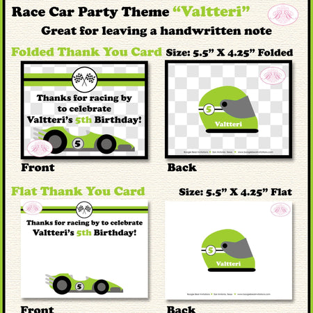 Race Car Party Thank You Card Black Birthday Boy Girl Lime Green Grand Prix Racing Track Kids Boogie Bear Invitations Valtteri Theme Printed