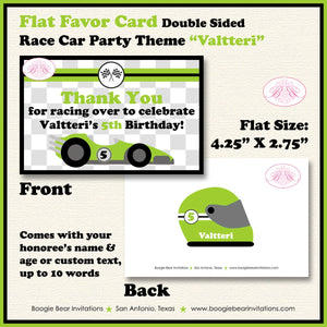 Race Car Birthday Party Favor Card Tent Appetizer Place Lime Green Boy Girl Racing Driver Kid Boogie Bear Invitations Valtteri Theme Printed