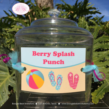 Flip Flop Pool Party Beverage Card Wrap Drink Label Sign Birthday Girl Swim Swimming Splash Beach Ocean Boogie Bear Invitations Monica Theme