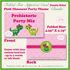 Pink Dinosaur Birthday Favor Party Card Tent Place Food Appetizer Folded Tag Green Jurassic Stomp Girl Boogie Bear Invitations Claudia Theme