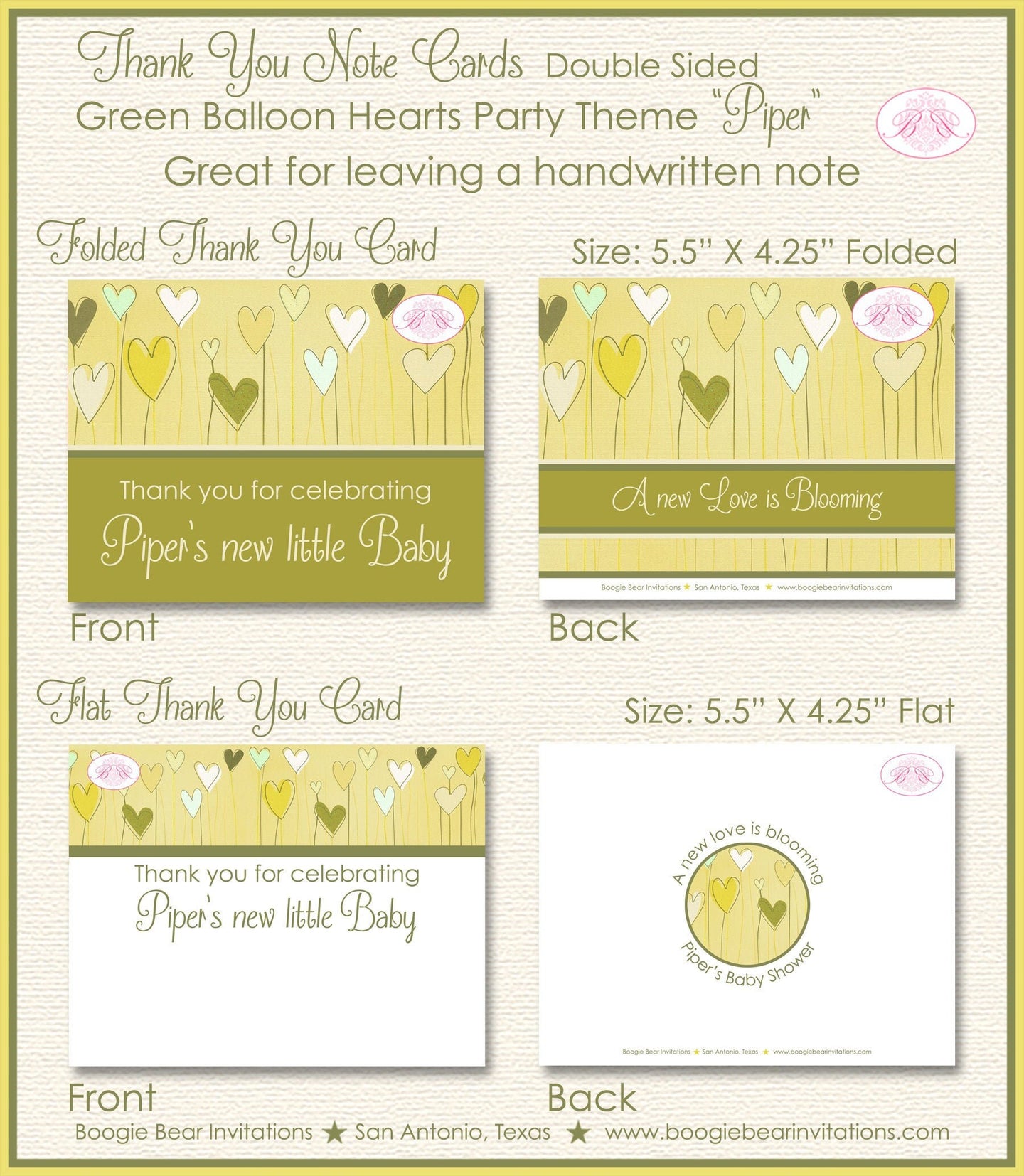 Balloon Hearts Baby Shower Thank You Note Card Party Birthday Green Yellow Neutral Balloon Love Boogie Bear Invitations Piper Theme Printed