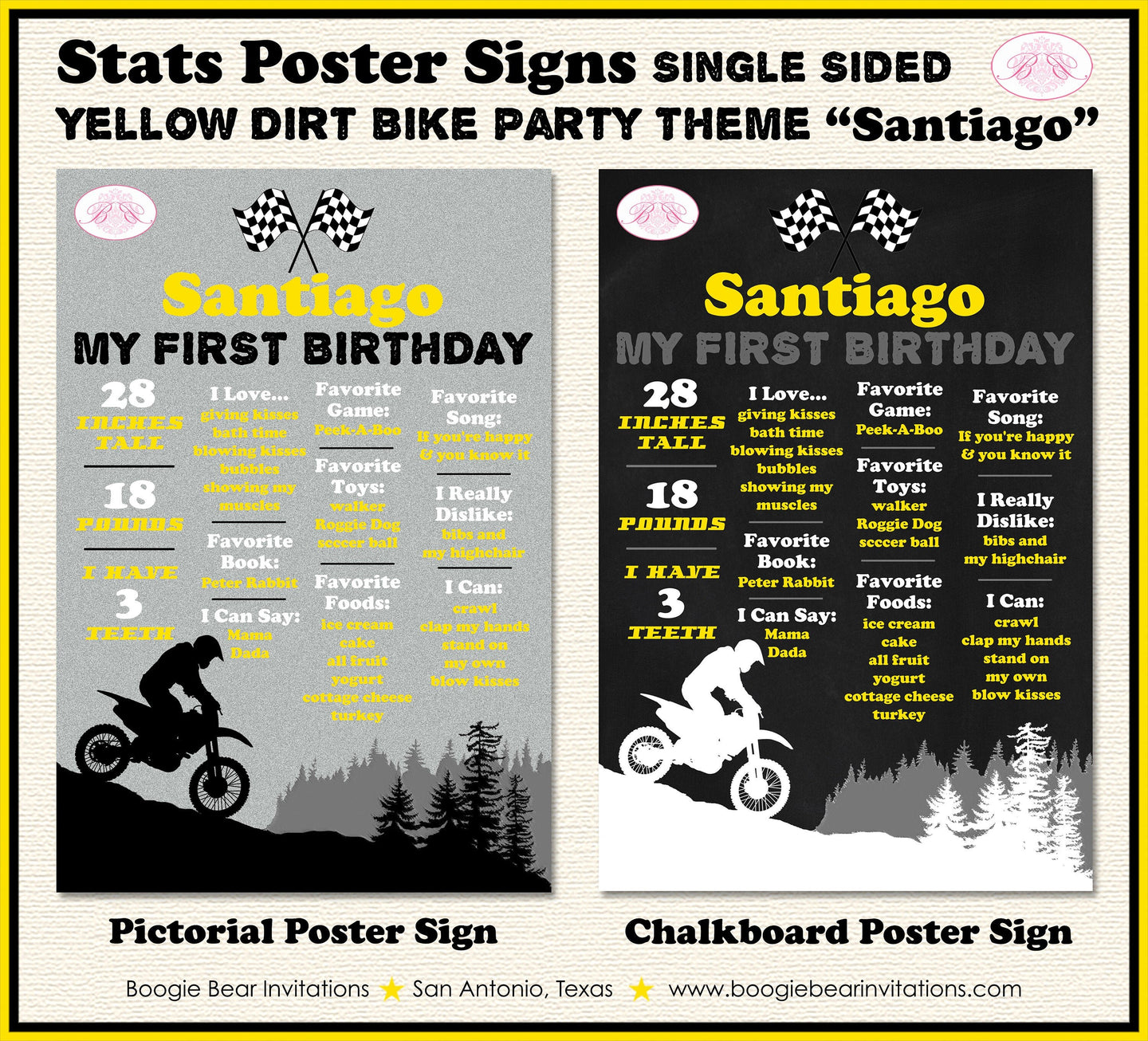 Yellow Dirt Bike Birthday Party Sign Stats Poster Flat Frameable Chalkboard Milestone Boy Girl 1st Boogie Bear Invitations Santiago Theme