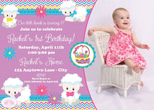 Load image into Gallery viewer, Spring Easter Lambs Birthday Party Invitation Sheep Pink Girl Flower Garden Boogie Bear Invitations Rachel Theme Paperless Printable Printed