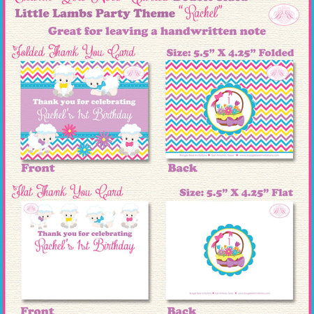 Spring Lambs Party Thank You Card Birthday Easter Egg Hunt Purple Pink Blue Baa Lamb Tail Sheep Boogie Bear Invitations Rachel Theme Printed