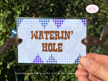 Load image into Gallery viewer, Blue Cowboy Party Beverage Card Wrap Drink Label Sign Birthday Boy Country Farm Gingham Horse Barn Ranch Boogie Bear Invitations Logan Theme