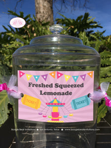 Amusement Park Birthday Party Beverage Card Drink Label Sign Wrap Girl Pink Ferris Wheel Ride Carousel Boogie Bear Invitations Camille Theme