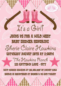 Pink Cowgirl Baby Shower Invitation Gun Lone Star Pistol Paisley Gingham Boogie Bear Invitations Sherie Theme Paperless Printable Printed