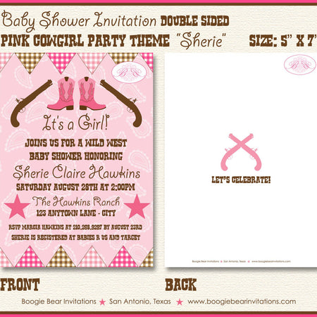 Pink Cowgirl Baby Shower Invitation Gun Lone Star Pistol Paisley Gingham Boogie Bear Invitations Sherie Theme Paperless Printable Printed