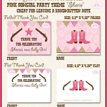 Pink Cowgirl Party Thank You Card Baby Shower Note Girl Birthday Brown Boots Guns Gunslinger Boogie Bear Invitations Sherie Theme Printed