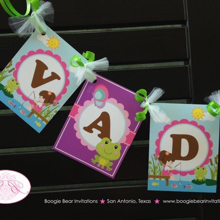 Fishing Girl Birthday Party Banner Name Age Small Lake Ocean River Pink Purple Frog Butterfly Fish Turtle Boogie Bear Invitations Vada Theme