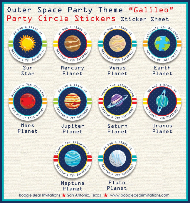 Outer Space Birthday Party Stickers Circle Sheet Round Planet Solar System Orbit Galaxy Stars Boy Girl Boogie Bear Invitations Galileo Theme