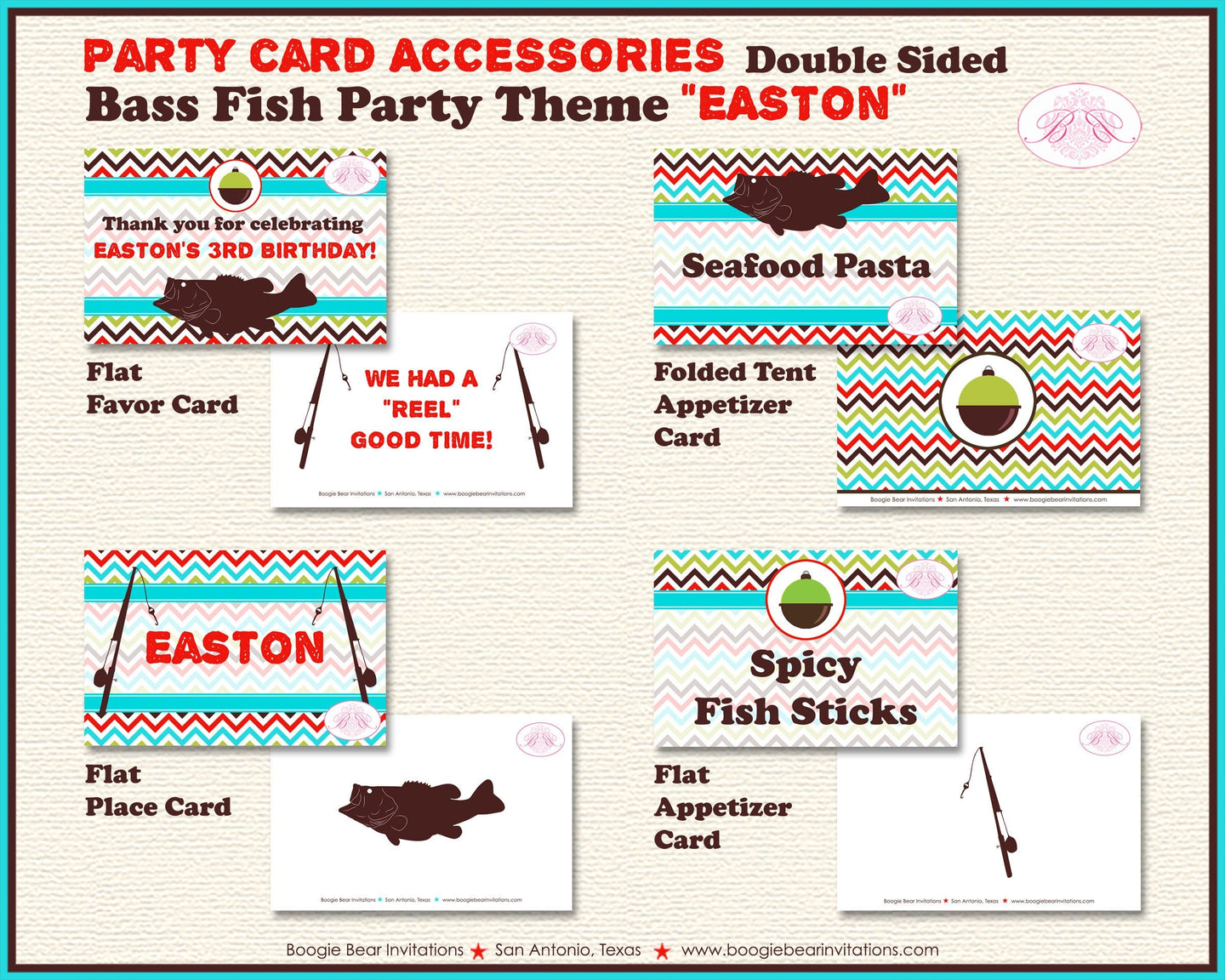 Bass Fish Birthday Favor Party Card Tent Place Food Appetizer Folded Tag Fishing Rod Pole Reel Boy Girl Boogie Bear Invitations Easton Theme