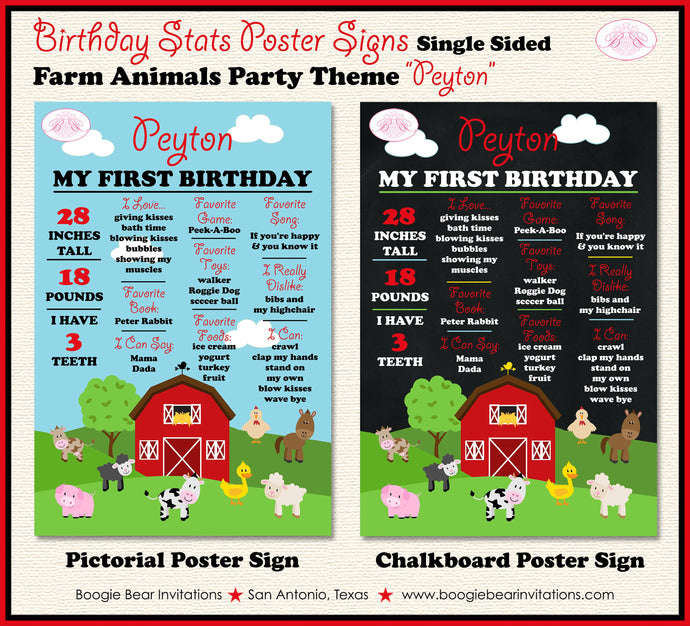 Farm Animals Birthday Party Sign Stats Poster Chalkboard Girl Boy Red Barn Country Petting Zoo 1st 2nd Boogie Bear Invitations Peyton Theme