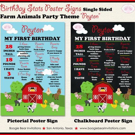 Farm Animals Birthday Party Sign Stats Poster Chalkboard Girl Boy Red Barn Country Petting Zoo 1st 2nd Boogie Bear Invitations Peyton Theme