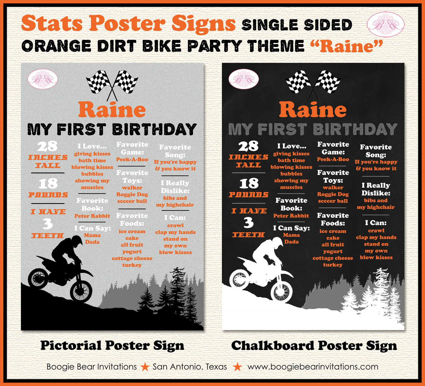 Orange Dirt Bike Birthday Party Sign Stats Poster Flat Frameable Black Chalkboard Milestone Boy Girl 1st Boogie Bear Invitations Raine Theme
