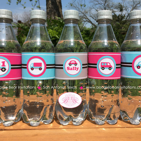 Pink Cars Trucks Birthday Party Bottle Wraps Set Girl Traffic Aqua Blue Vehicles Road Trip Boogie Bear Invitations Sally Theme Printed