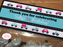 Load image into Gallery viewer, Pink Cars Trucks Birthday Party Treat Bag Toppers Folded Favor Girl Turquoise Blue 1st 2nd 3rd 4th 5th Boogie Bear Invitations Sally Theme