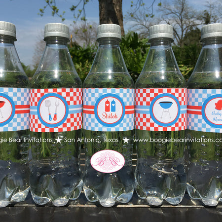 BBQ Reveal Baby Shower Bottle Wraps Wrappers Cover Label Grill Q Red Blue Boy Girl Barbecue Cook Party Boogie Bear Invitations Shiloh Theme