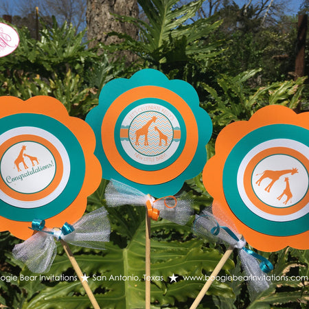 Orange Giraffe Baby Shower Centerpiece Sticks Party Boy Girl Aqua Teal Little Girl Mom Safari Zoo Jungle Boogie Bear Invitations Kelly Theme