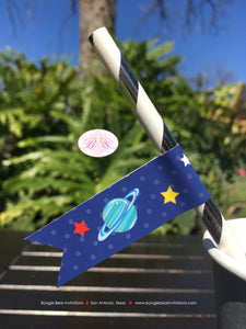 Outer Space Birthday Party Straws Pennant Paper Girl Boy Planets Galaxy Stars Moon Solar System Rocket Boogie Bear Invitations Galileo Theme