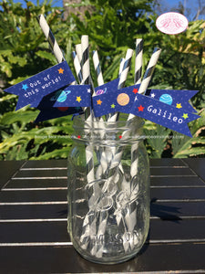 Outer Space Birthday Party Straws Pennant Paper Girl Boy Planets Galaxy Stars Moon Solar System Rocket Boogie Bear Invitations Galileo Theme