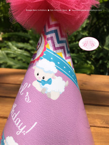 Spring Lambs Animals Birthday Party Hat Pom Honoree Girl Easter Sheep Girl Pink Purple Flowers Chevron Boogie Bear Invitations Rachel Theme