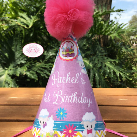 Spring Lambs Animals Birthday Party Hat Pom Honoree Girl Easter Sheep Girl Pink Purple Flowers Chevron Boogie Bear Invitations Rachel Theme
