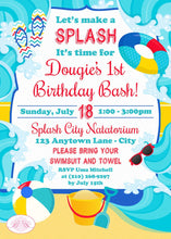 Load image into Gallery viewer, Splash Bash Birthday Party Invitation Pool Boy Girl Beach Ball Swim Wave Boogie Bear Invitations Douglas Theme Paperless Printable Printed