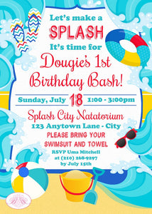Splash Bash Birthday Party Invitation Pool Boy Girl Beach Ball Swim Wave Boogie Bear Invitations Douglas Theme Paperless Printable Printed