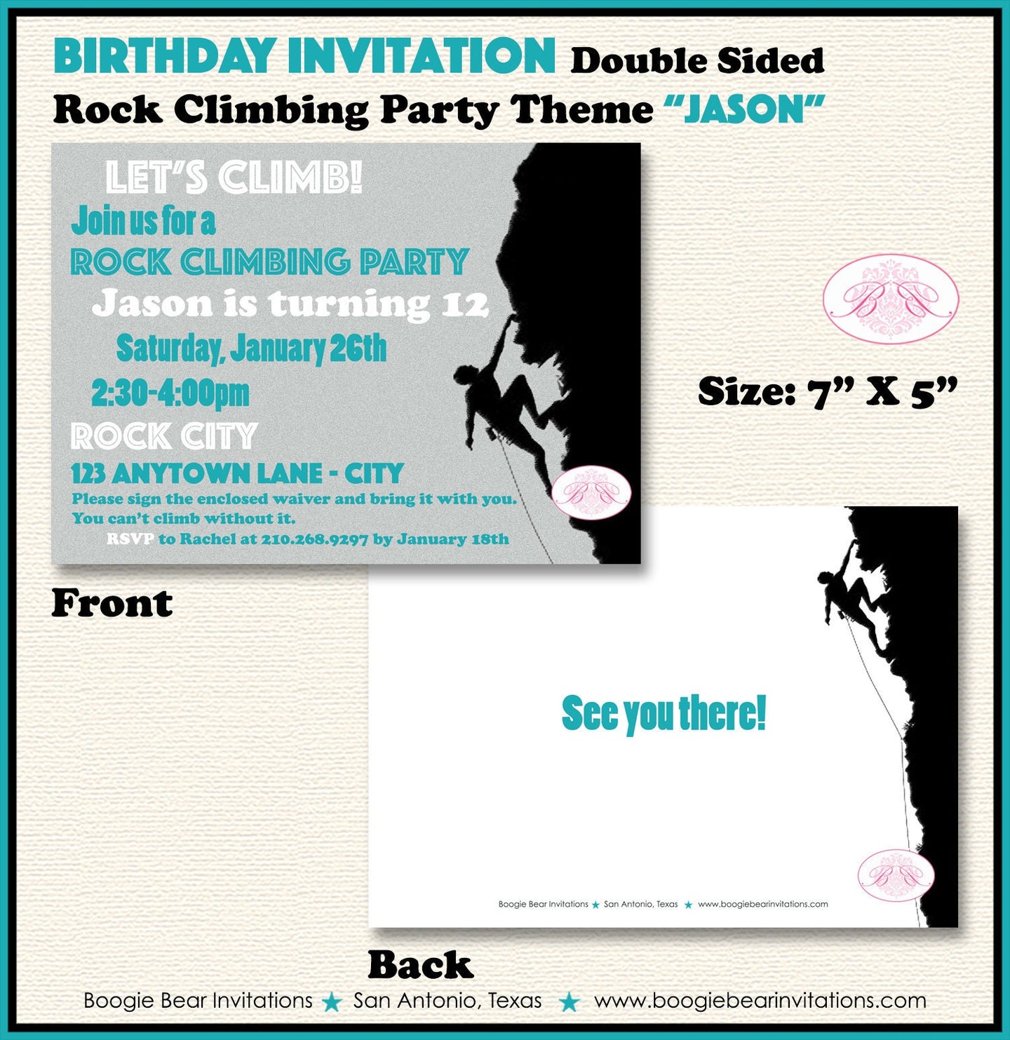 Mountain Rock Climbing Party Invitation Birthday Boy Girl Climb Sports Indoor Wall Bouldering Boogie Bear Invitations Jason Theme Printed