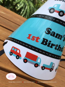 Cars Trucks Birthday Party Hat Boy Girl Red Aqua Blue Black Grey Silver Toy Honk Beep Traffic Travel 1st Boogie Bear Invitations Sam Theme