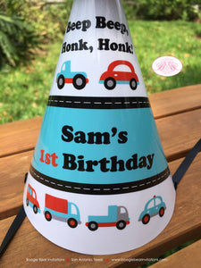 Cars Trucks Birthday Party Hat Boy Girl Red Aqua Blue Black Grey Silver Toy Honk Beep Traffic Travel 1st Boogie Bear Invitations Sam Theme