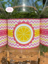 Load image into Gallery viewer, Pink Lemonade Birthday Party Bottle Wraps Label Cover Wrapper Yellow Chevron Girl Summer Lemon Drink Boogie Bear Invitations Janine Theme