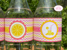 Load image into Gallery viewer, Pink Lemonade Birthday Party Bottle Wraps Label Cover Wrapper Yellow Chevron Girl Summer Lemon Drink Boogie Bear Invitations Janine Theme