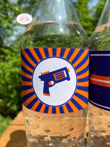 Toy Dart Gun Birthday Party Bottle Wraps Wrapper Cover Label Orange Blue Boy Girl Foam Bullseye Game Win Boogie Bear Invitations Chase Theme