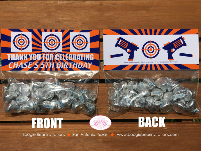 Toy Dart Gun Birthday Party Treat Bag Toppers Folded Favor Orange Blue Boy Girl Foam Fight Bullseye Win Boogie Bear Invitations Chase Theme