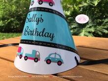 Load image into Gallery viewer, Pink Cars Trucks Birthday Party Hat Girl Aqua Blue Black Grey Silver Toy Honk Beep Traffic Travel 1st Boogie Bear Invitations Sally Theme