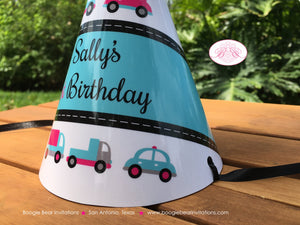 Pink Cars Trucks Birthday Party Hat Girl Aqua Blue Black Grey Silver Toy Honk Beep Traffic Travel 1st Boogie Bear Invitations Sally Theme