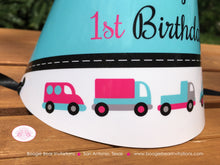 Load image into Gallery viewer, Pink Cars Trucks Birthday Party Hat Girl Aqua Blue Black Grey Silver Toy Honk Beep Traffic Travel 1st Boogie Bear Invitations Sally Theme