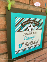 Load image into Gallery viewer, Soccer Door Banner Sign Birthday Party Girl Boy Lime Green Blue Teal Aqua Turquoise Kick It Goal Sports Boogie Bear Invitations Emery Theme