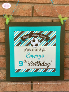 Soccer Door Banner Sign Birthday Party Girl Boy Lime Green Blue Teal Aqua Turquoise Kick It Goal Sports Boogie Bear Invitations Emery Theme