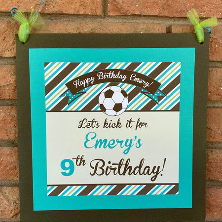 Soccer Door Banner Sign Birthday Party Girl Boy Lime Green Blue Teal Aqua Turquoise Kick It Goal Sports Boogie Bear Invitations Emery Theme
