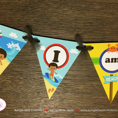 Surfer Boy Pennant I am 1 Banner Birthday Party Highchair Beach Swimming Pool Surfing Surf Ocean 1st Boogie Bear Invitations Kimoni Theme