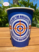 Load image into Gallery viewer, Toy Dart Gun Birthday Party Beverage Cups Paper Orange Blue Boy Girl Target Practice Fight Foam Bullseye Boogie Bear Invitations Chase Theme