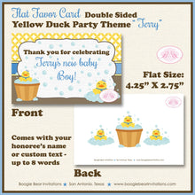 Load image into Gallery viewer, Yellow Rubber Duck Baby Shower Favor Card Tent Appetizer Food Little Duckie Chick Ducky Boy Blue Boogie Bear Invitations Terry Theme Printed