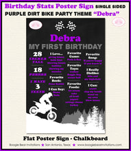 Load image into Gallery viewer, Purple Dirt Bike Birthday Party Sign Stats Poster Flat Frameable Chalkboard Milestone Black Girl 1st 2nd Boogie Bear Invitations Debra Theme