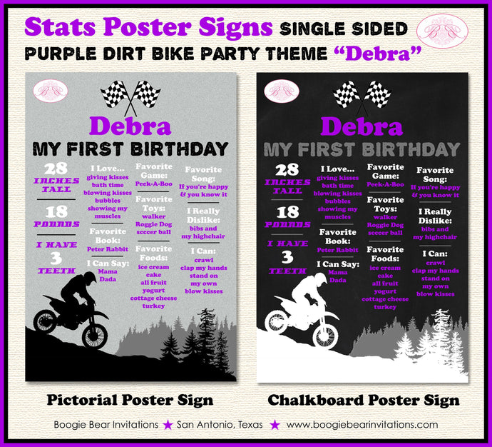 Purple Dirt Bike Birthday Party Sign Stats Poster Flat Frameable Chalkboard Milestone Black Girl 1st 2nd Boogie Bear Invitations Debra Theme