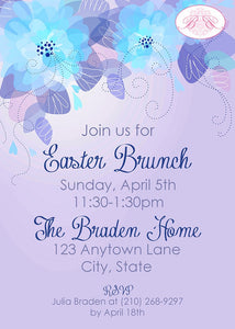 Easter Brunch Dinner Party Invitation Purple Blue Flower Ladies 1st Boogie Bear Invitations Braden Theme Paperless Printable Printed