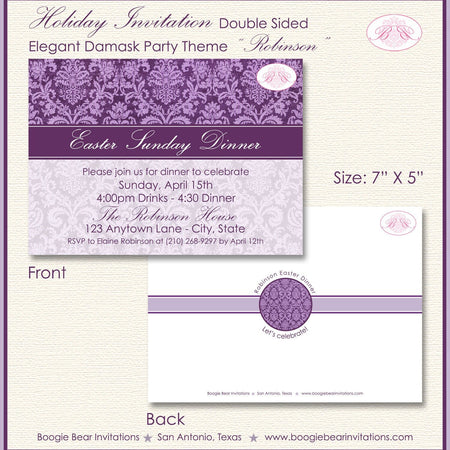 Purple Formal Easter Party Invitation Damask Stripe Lavender White 1st Boogie Bear Invitations Robinson Theme Paperless Printable Printed